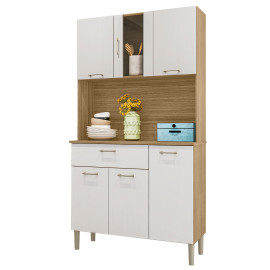 Buffet de Cuisine 6 Portes 1 Tiroir Chêne et Blanc 5 Niches L92 H170.5 P36.3 cm