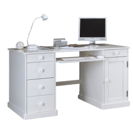 Bureau Informatique Blanc 1 Porte 5 Tiroirs Style Anglais L 141 H 77 P 70 cm