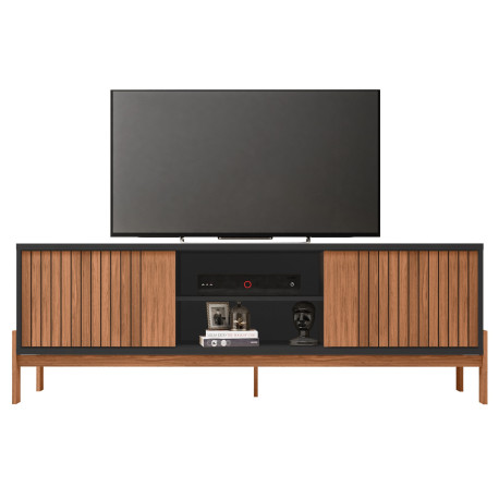 Meuble TV 72 Pouces Chêne et Noir 2 Portes 4 Niches L 180.6 H 62.6 P 36 cm