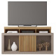 Meuble TV 55 Pouces Chêne et Gris 1 Porte 6 Roulettes L 136 H 74 P 39 cm