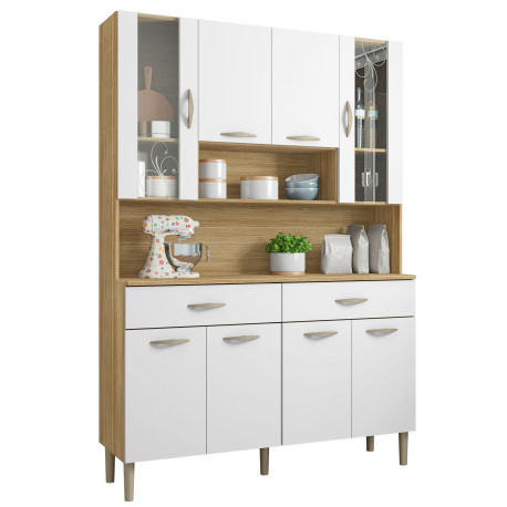 Buffet de Cuisine 8 Portes 2 Tiroirs Chêne et Blanc Largeur 121 cm