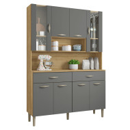 Buffet de Cuisine 8 Portes 2 Tiroirs Chêne et Gris Largeur 121 cm