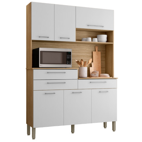 Buffet de Cuisine 6 Portes 3 Tiroirs 9 Niches Chêne et Blanc Largeur 139 cm