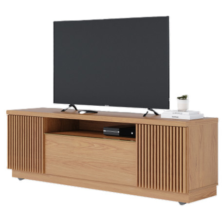 Meuble TV Bar 70 Pouces Chêne 3 Portes 5 Niches Roulettes L 180 H 60.2 P 44.9 cm