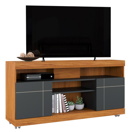 Meuble TV 47 Pouces Chêne et Anthracite 2 Portes 5 Niches Roulettes L 136 H 69.8 P 37.4 cm