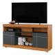 Meuble TV 47 Pouces Chêne et Anthracite 2 Portes 5 Niches Roulettes L 136 H 69.8 P 37.4 cm