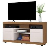 Meuble TV 47 Pouces Chêne et Blanc 2 Portes 5 Niches Roulettes L 136 H 69.8 P 37.4 cm