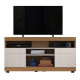 Meuble TV 47 Pouces Chêne et Blanc 2 Portes 5 Niches Roulettes L 136 H 69.8 P 37.4 cm