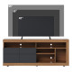 Meuble TV 65 Pouces Chêne et Anthracite 2 Portes 6 Niches Roulettes L 160 H 68 P 37.4 cm