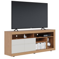 Meuble TV 65 Pouces Chêne et Blanc 2 Portes 6 Niches Roulettes L 160 H 68 P 37.4 cm