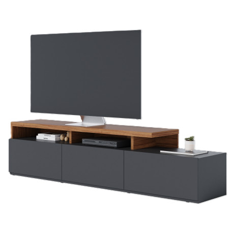 Meuble TV Bar 70 Pouces Chêne et Anthracite 3 Portes 6 Niches L 210 H 50.6 P 45.3 cm