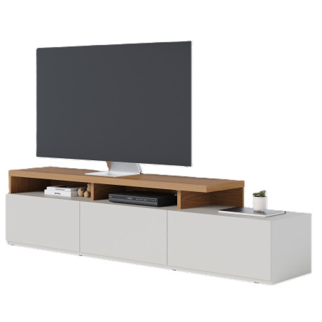 Meuble TV Bar 70 Pouces Chêne et Blanc 3 Portes 6 Niches L 210 H 50.6 P 45.3 cm