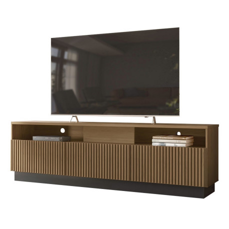 Meuble TV Bar 75 Pouces 4 Portes 5 Niches Noyer et Noir L 200 H 60.4 P 42 cm