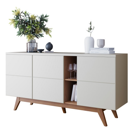 Buffet Bas 3 Portes 7 Niches Blanc et Chêne 5 Pieds Bois L 160 H 80.2 P 44.5 cm