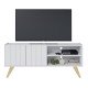 Meuble TV Bar 55 Pouces Blanc Pieds Bois 2 Portes 3 Niches L 135.8 H 58.7 P 36.1cm