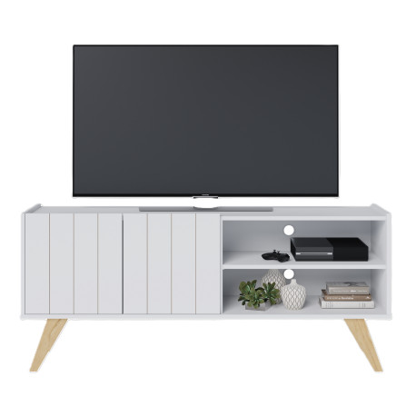 Meuble TV Bar 55 Pouces Blanc Pieds Bois 2 Portes 3 Niches L 135.8 H 58.7 P 36.1cm