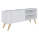 Meuble TV Bar 55 Pouces Blanc Pieds Bois 2 Portes 3 Niches L 135.8 H 58.7 P 36.1cm