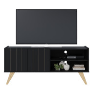 Meuble TV Bar 55 Pouces Noir Pieds Bois 2 Portes 3 Niches L 135.8 H 58.7 P 36.1cm