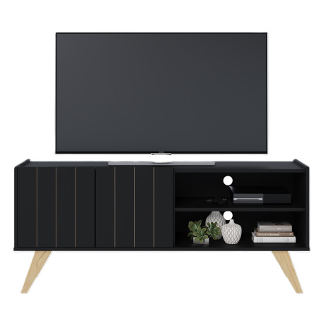 Meuble TV Bar 55 Pouces Noir Pieds Bois 2 Portes 3 Niches L 135.8 H 58.7 P 36.1cm