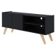 Meuble TV Bar 55 Pouces Noir Pieds Bois 2 Portes 3 Niches L 135.8 H 58.7 P 36.1cm