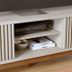 Meuble TV 75 Pouces Blanc Pieds Bois 4 Portes 8 Niches L 218 H 57 P 40 cm