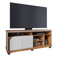 Meuble TV 65 Pouces Chêne et Blanc 2 Portes 7 Niches Roulettes L 150 H 63.2 P 39.3 cm