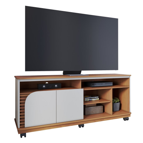 Meuble TV 65 Pouces Chêne et Blanc 2 Portes 7 Niches Roulettes L 150 H 63.2 P 39.3 cm