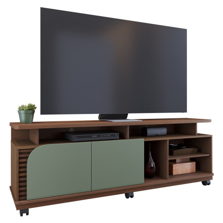 Meuble TV 75 Pouces Vert Olive et Chêne 2 Portes 9 Niches L 180 H 62 P 39.3 cm