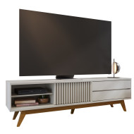 Meuble TV 75 Pouces Blanc Pieds Bois 1 Porte 2 Tiroirs 3 Niches L 200 H 55.2 P 37.7 cm