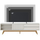 Meuble TV 75 Pouces Blanc Pieds Bois 1 Porte 2 Tiroirs 3 Niches L 200 H 55.2 P 37.7 cm