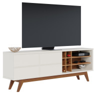 Meuble TV 75 Pouces Blanc Chêne Pieds Bois 2 Portes 11 Niches L 180 H 64.2 P 36.5 cm