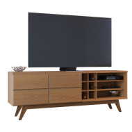 Meuble TV 75 Pouces Chêne Pieds Bois 2 Portes 11 Niches L 180 H 64.2 P 36.5 cm