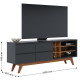 Meuble TV 75 Pouces Noir et Chêne Pieds Bois 2 Portes 11 Niches L 180 H 64.2 P 36.5 cm