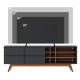 Meuble TV 75 Pouces Noir et Chêne Pieds Bois 2 Portes 11 Niches L 180 H 64.2 P 36.5 cm