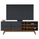 Meuble TV 75 Pouces Noir et Chêne Pieds Bois 2 Portes 11 Niches L 180 H 64.2 P 36.5 cm