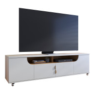 Meuble TV 75 Pouces Blanc et Chêne 4 Portes 8 Niches Roulettes L 200 H 55 P 38 cm