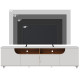 Meuble TV 75 Pouces Blanc et Chêne 4 Portes 8 Niches Roulettes L 200 H 55 P 38 cm