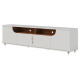 Meuble TV 75 Pouces Blanc et Chêne 4 Portes 8 Niches Roulettes L 200 H 55 P 38 cm