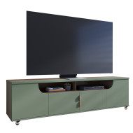 Meuble TV 75 Pouces Veret Olive et Chêne 4 Portes 8 Niches Roulettes L 200 H 55 P 38 cm