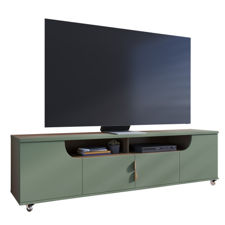 Meuble TV 75 Pouces Veret Olive et Chêne 4 Portes 8 Niches Roulettes L 200 H 55 P 38 cm